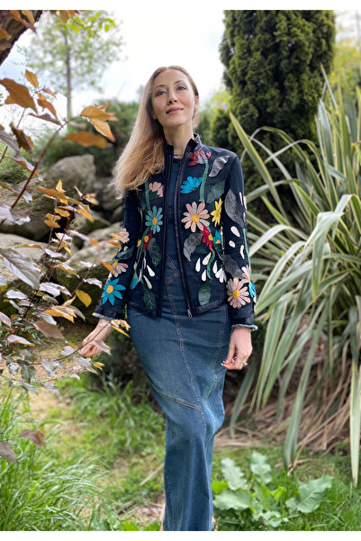 Genel Markalar Hakiki Deri Ceket Tül Üzerine Çiçek İşlemeli Özel Tasarım El Y...