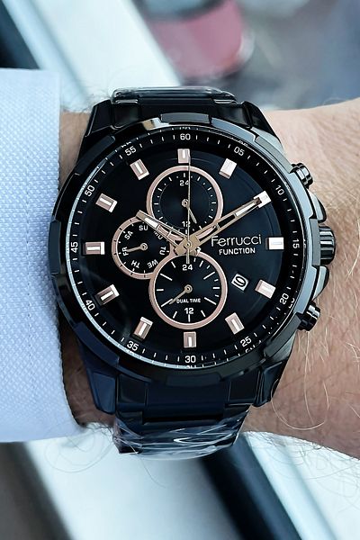 Ferrucci Function Men's Wristwatch 3 Atm Waterproof Black Color Steel Strap