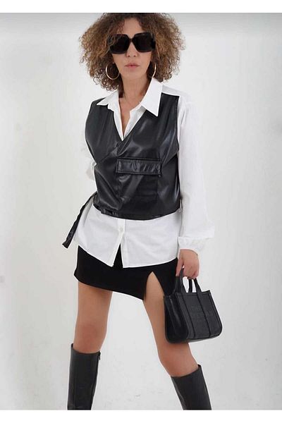 BEBE PLUS WHITE FRONT LEATHER VEST DETAIL SHIRT
