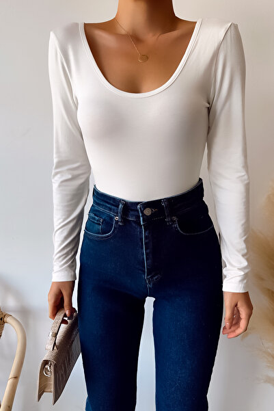 LACHT Women's Wide Collar Long Sleeve Plain Ecru Luxury Blouse