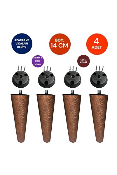 TNT 4'lü Ceviz Renk 14 Cm Ahşap Konik Ayak Koltuk Ayağı-baza-tv Ünitesi-mobil...