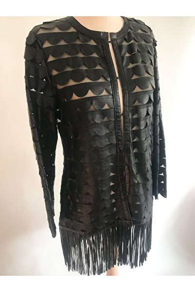 Gaia Stil Hakiki Deri Ceket Tül Üzerine Siyah Deri Patchwork İşlemeli Özel Tasarım El Yapımı