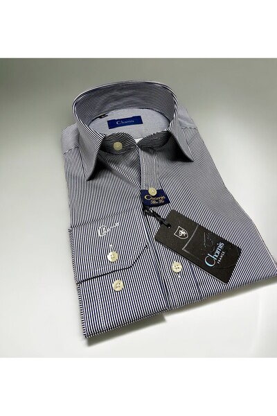 Chamis SlimFit Navy Blue Striped Satin Long Collar Shirt
