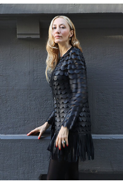 Gaia Stil Hakiki Deri Ceket Tül Üzerine Siyah Deri Patchwork İşlemeli Özel Tasarım El Yapımı