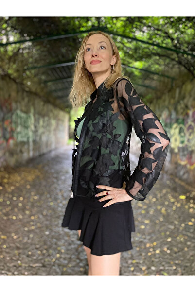 Genel Markalar Hakiki Deri Ceket Tül Üzerine Patchwork İşlemeli Özel Tasarım El Yapımı