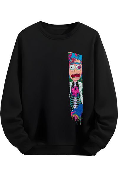 MAGORS Dikey Rick and Morty Baskılı Siyah Sweatshirt