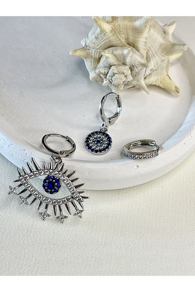Maris by Deniz Triple Evil Eye Bead and Eye Themed Earrings Set