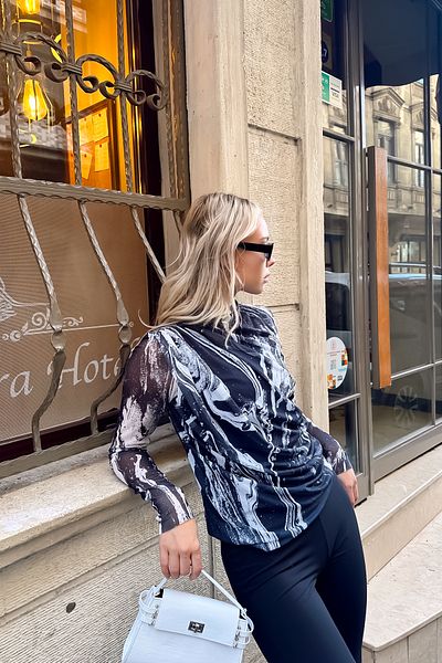 LACHT Bluză de damă din tul cu model alb-negru