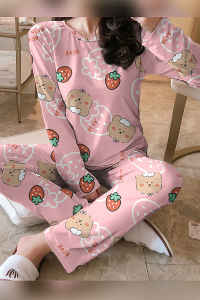 PEMBİŞ HOMEWEAR Kiki Free Trend Sweatshirt Pantolon Strawberry Bear Baskılı P...