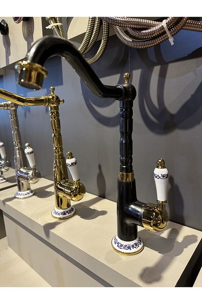 İSAOĞLU YAPI Kitchen Faucet Gold Black Sink Tap Ceramic Embroidered Design Vintage Model