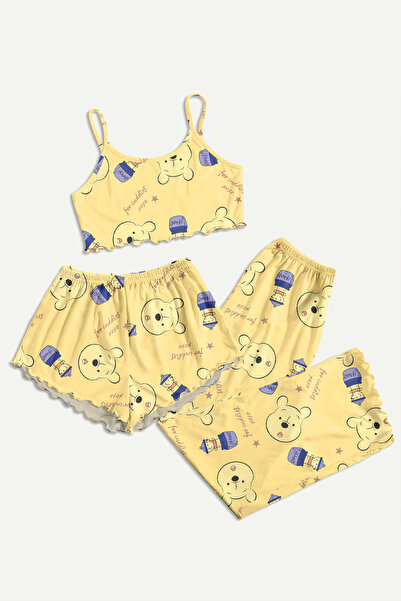 PEMBİŞ HOMEWEAR Hunny2 Prox Trend 3'lü Askılı Şort Pantolon Pooh Baskılı Pija...