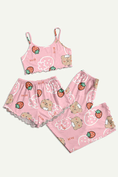 PEMBİŞ HOMEWEAR Kiki Prox Trend 3'lü Askılı Şort Pantolon Strawberry Bear Bas...