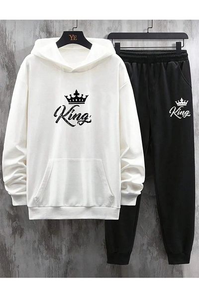Sky Light King Tracksuit Set White Sweatshirt Black Jogger - Printed Oversize Hoodie