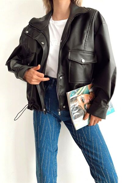 Ekim Store Geaca de piele cu buzunar mare