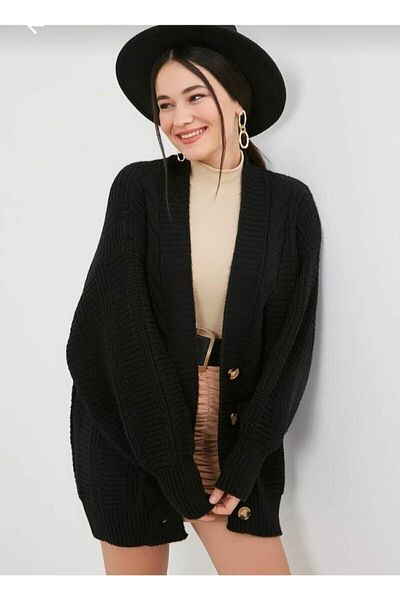 Nazende Stil Gestrickter lockerer Damen-Cardigan – Schwarz