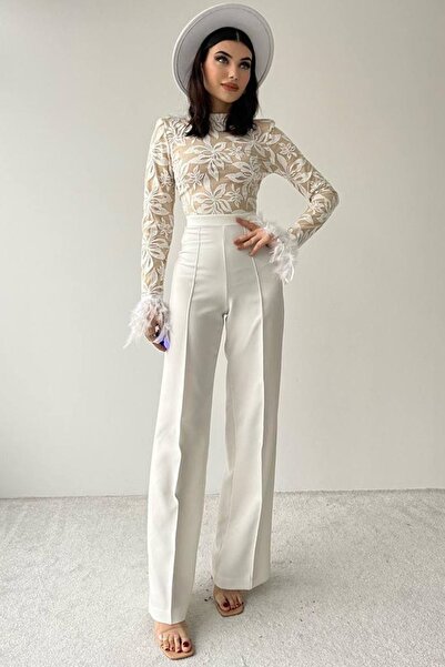 vuvutasarım Special Design Sleeves Feather Detailed Sequin Embroidered Long Sleeve Wide Leg White Evening Dress 180