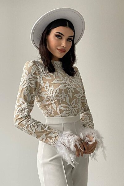 vuvutasarım Special Design Sleeves Feather Detailed Sequin Embroidered Long Sleeve Wide Leg White Evening Dress 180