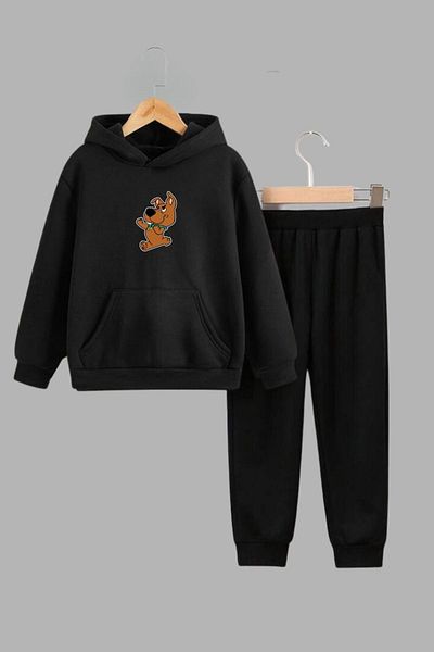Mi&Mu Store Unisex Kids Black Hooded Sweatshirt and Sweatpants Set Pink Girl Printed