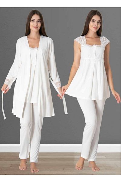by İGP Ecru Pregnant Maternity Pajama Set with Robe Effortt