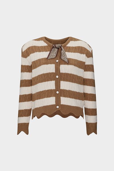 Açelya Okcu Šátek Crew Neck Detailed Stripped Krátký dámský pletený cardigan
