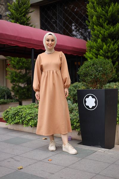 shalby Μπαλόνι μανίκι Scuba Diver Ύφασμα Lycra Stretchy Φόρεμα Camel
