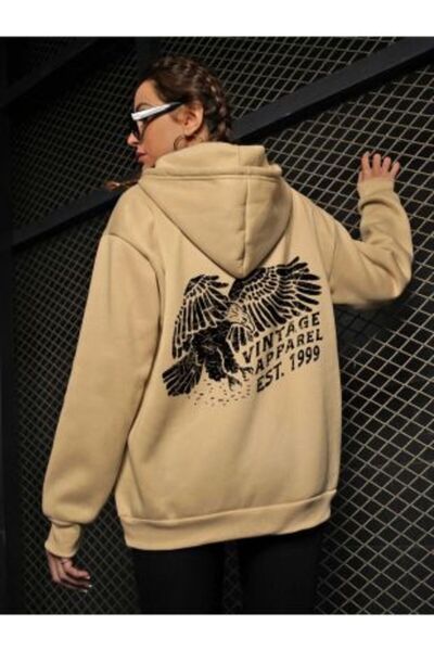 Adrift Ženska bež vintage majica sa kapuljačom sa orlovim leđima Štampano Ove...