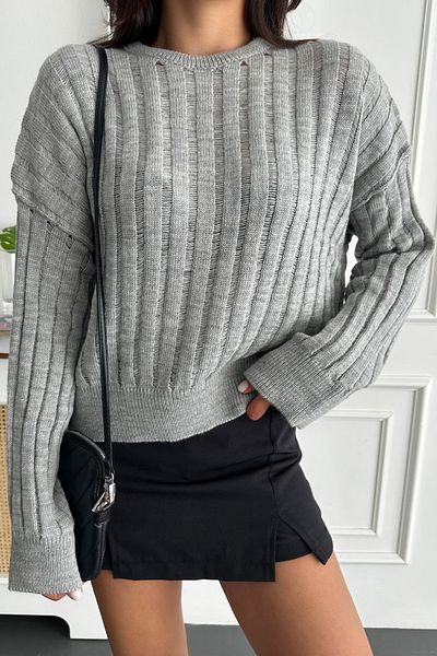 lovebox Sparse Stripe Transparent Low-cut Look Long Sleeve Low Shoulder Gray Sweater 2887