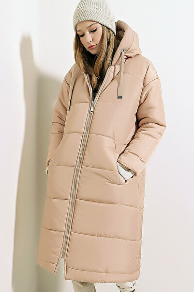 MissKybele Kapüşonu Büzgülü Uzun Kollu Fermuar Kapamalı Tarz Diz Altı Midi Bo...