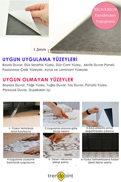 Trendpoint 1 Adet LVT Zemin ve Duvar Kaplama Kendinden Yapışkanlı 30cm×30cm Mutfak Banyo Antre Karo