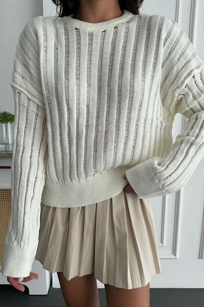 lovebox Sparse Stripe Transparent Low-cut Look Long Sleeve Low Shoulder Ecru Sweater 2887