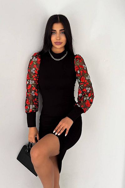 Neşeli Butik women's embroidery balloon sleeve knitwear dress KKLF50 - Black