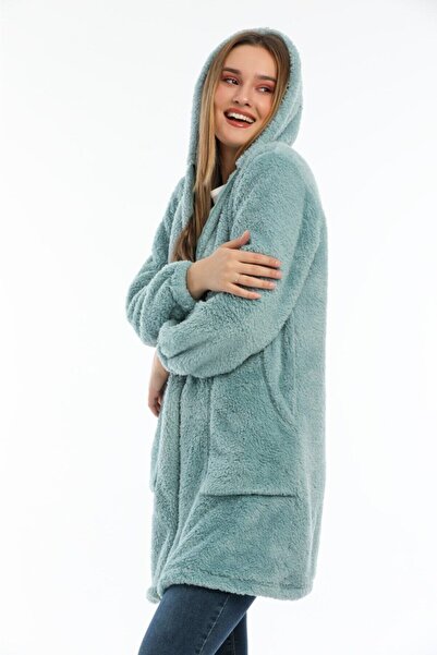 Vuslat Cardigan lung din lână, verde mentă, cu fermoar