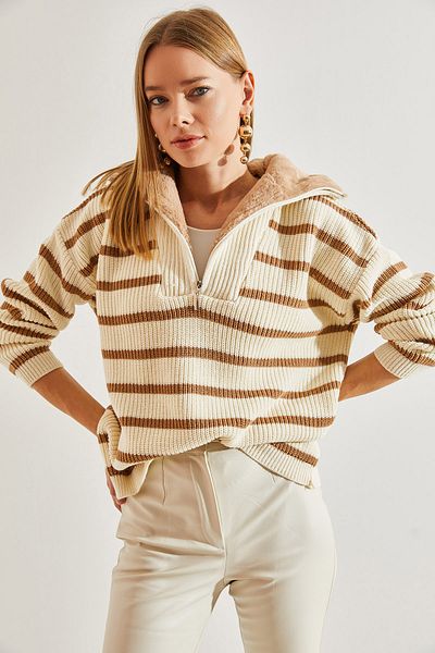 Bianco Lucci Gestreifter Damen-Strickpullover mit Pelzkragen und Reißverschluss