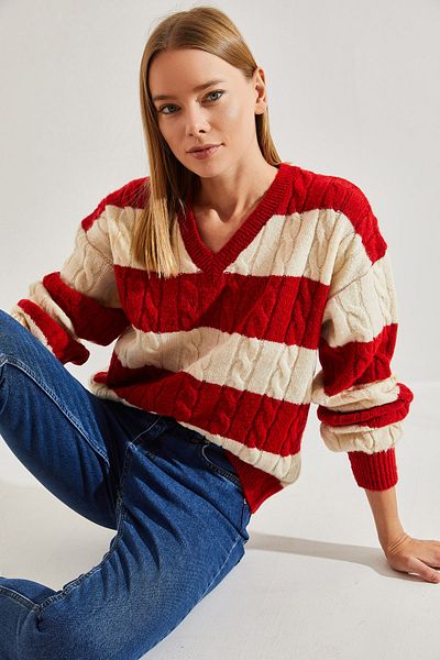 Bianco Lucci Geflochtener Strickpullover für Damen mit V-Ausschnitt