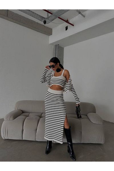 Pulli Collection Set de 3 piese cu dungi nou sezon| Set fustă, bustieră, cardigan