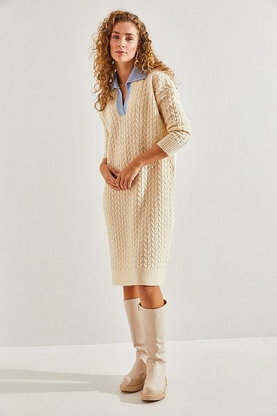 Bianco Lucci Damen-Strickkleid mit farbigem Kragen