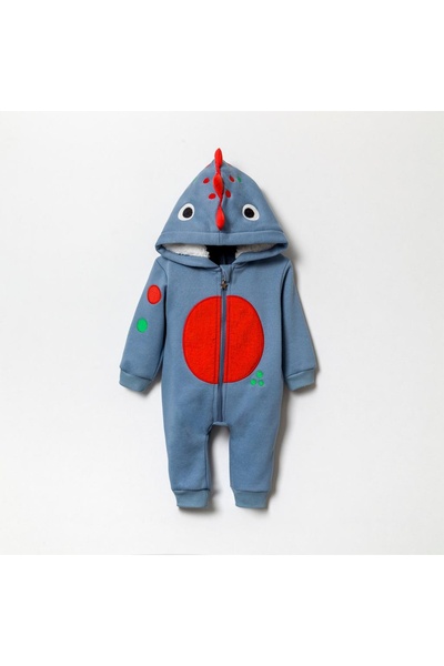 Cumino Bebek Dinazor Pamuklu Tulum Şapkalı İndigo Mavi Çok Renkli Unisex