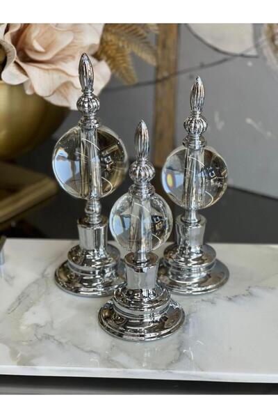 ArzzHome 3'lü Dekoratif Alem Düz Kristal Top Küre & Obje Gümüş