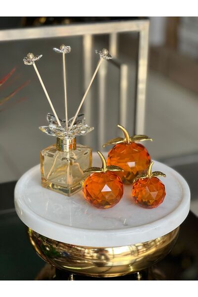ArzzHome 3'lü Kristal Elma Obje Turuncu & Kristal Koku Şişesi Bal Gold Set