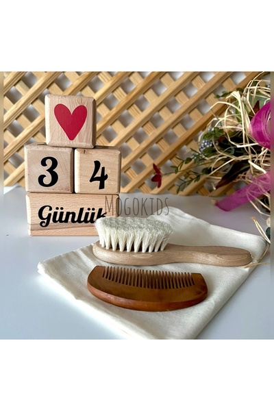 mogokids Ahşap Anne Bebek Anı Küpleri ve %100 Doğal Keçi Kılı Bebek Tarak seti