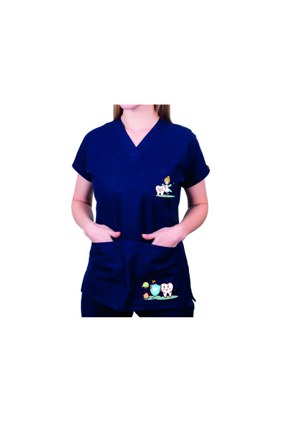 YnkStore Hemşire Doktor Uniforma Diş Doktoru Tek Üst Forma Diş Baskılı Scrubs