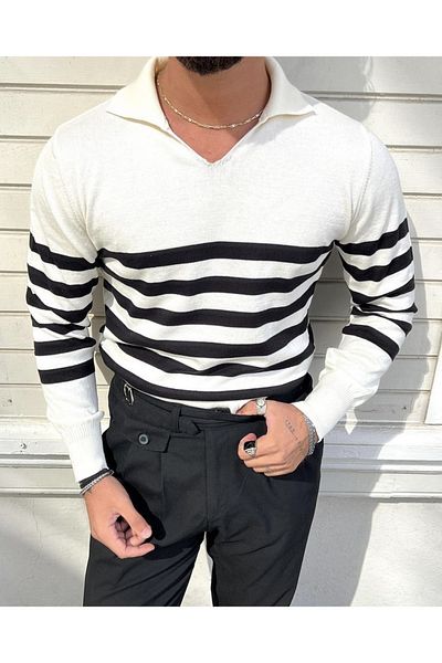 COOL TARZ White Men's Striped Polo Neck Knitwear Sweater