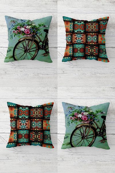 on the clouds Bicycle and Ethnic Patterned Vintage Hidden Zippered Throw Pillow Cover Seat Pillow Cover Set(4PCS)