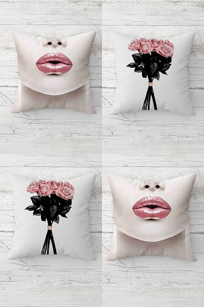 on the clouds Rose Bouquet and Lip Patterned Concealed Zippered Throw Pillow Cover Seat Pillow Cover Set (4 PCS)