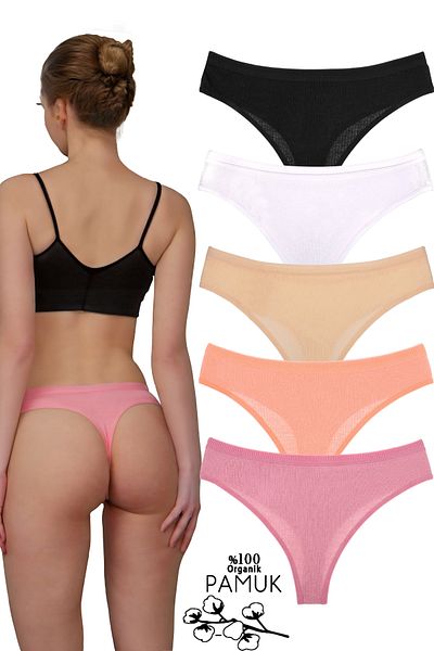 Humaone Pack of 5 Corded 100% Cotton Thong Panties Black, White, Skin, Dried Rose, Baby's Mouth