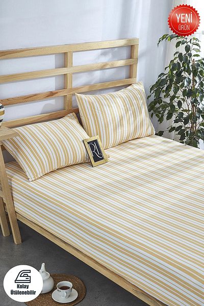 esseHM Striped Cotton Elastic Sheet Pillowcase Single - Double - King size Yarn-painted