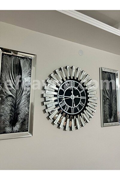 Efe Ayna PİYANO X- 3'LÜ GÜMÜŞ AYNA DUVAR SAATİ & TABLO-BÜYÜK(Duvar saati:83cm,Tabloların herbiri 40x90cm)