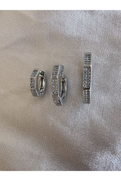 Venüs Accessory Stone Detailed Steel Hoop 3-Piece Earrings