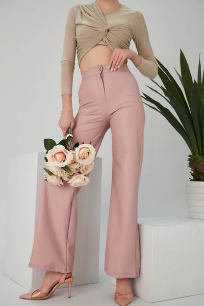 Betimoda Women's Elastic Waist Wide Leg Oversize Twist Fabric Long Pink  Pants - Trendyol