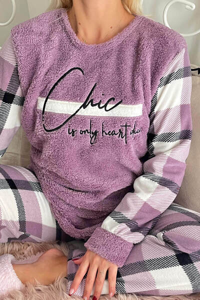 Pijamaevi Mor Deep Chic Desenli Kadın Peluş Pijama Takımı
